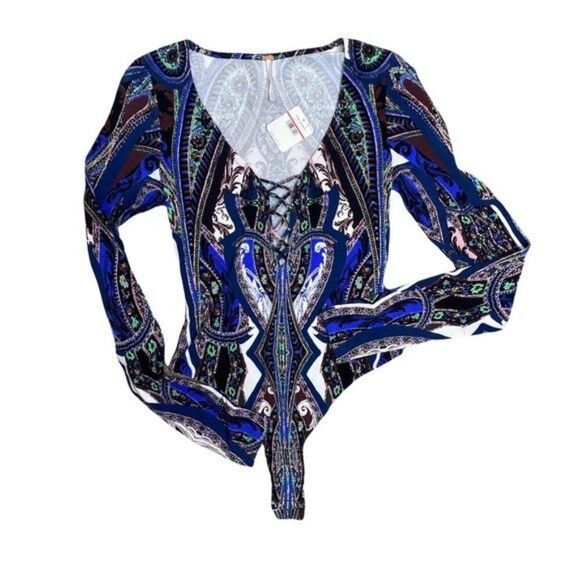 Free People Long Sleeve Bodysuit NEW Size Extra Small Blue - Picture 1 of 4